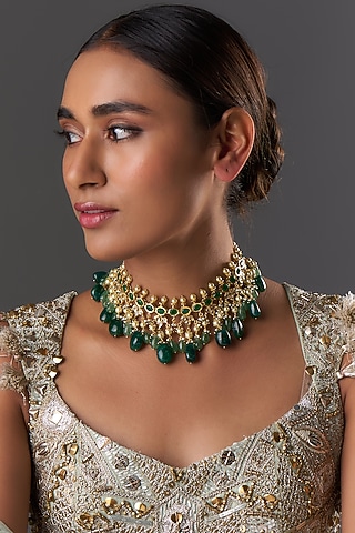Gold Plated Kundan Polki & Green Onyx Choker Necklace by Kiara