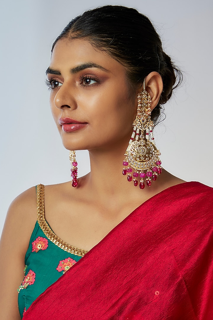 Gold Plated Kundan Polki & Red Onyx Chandbali Earrings by Kiara at Pernia's Pop Up Shop