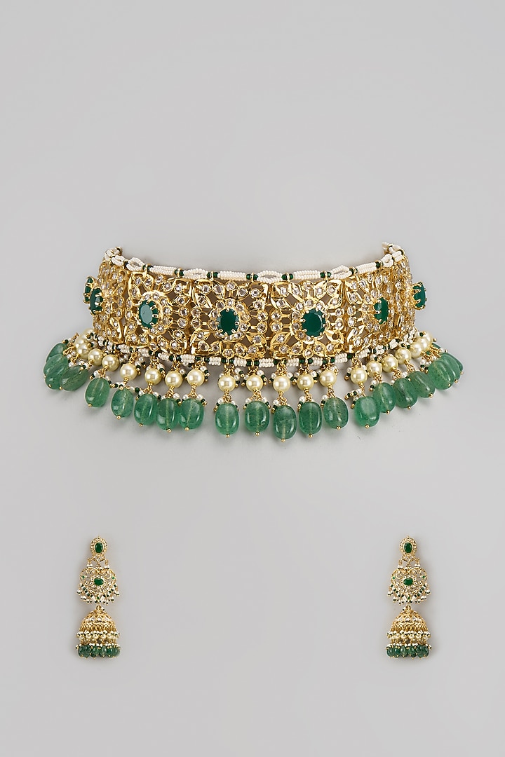 Gold Plated Kundan Polki & Green Beaded Choker Necklace Set by Kiara at Pernia's Pop Up Shop