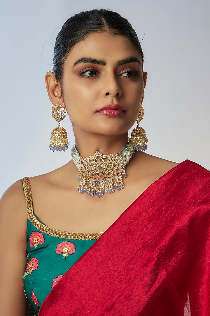 Gold Plated Kundan Polki & Blue Beaded Choker Necklace Set by Kiara at Pernia's Pop Up Shop