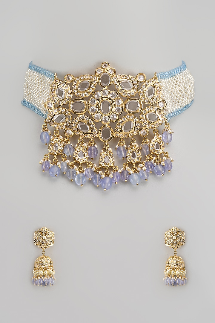 Gold Plated Kundan Polki & Blue Beaded Choker Necklace Set by Kiara at Pernia's Pop Up Shop
