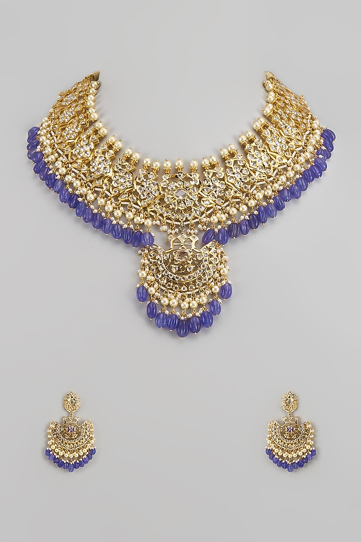Gold Plated Kundan Polki & Blue Beaded Choker Necklace Set by Kiara at Pernia's Pop Up Shop
