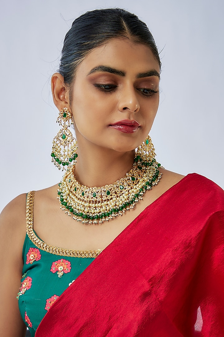 Gold Plated Kundan Polki And Green Beaded Choker Necklace Set Design By