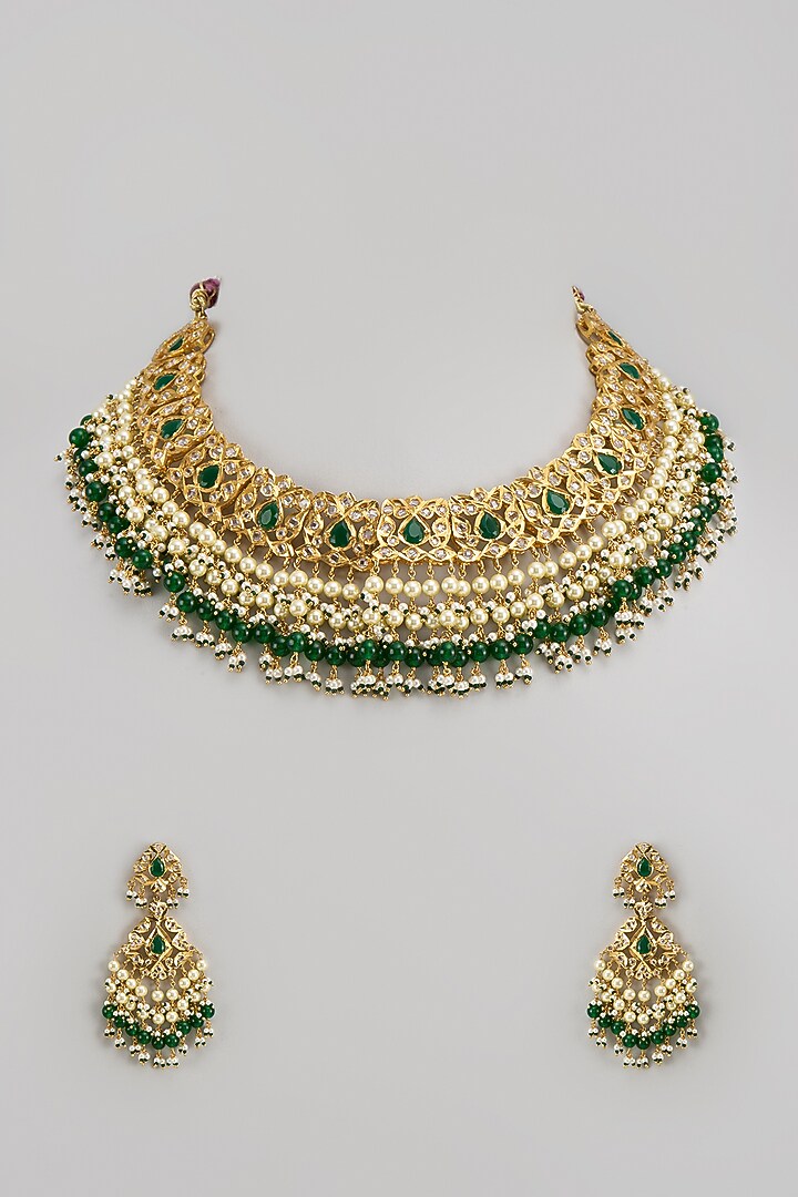 Gold Plated Kundan Polki & Green Beaded Choker Necklace Set by Kiara at Pernia's Pop Up Shop