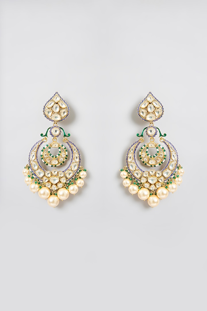Gold Finish Kundan Polki & Pink Stone Chandbali Earrings In Sterling Silver by Kiara Luxe at Pernia's Pop Up Shop