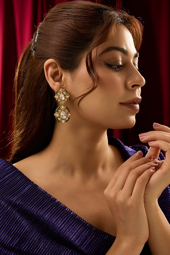 Gold Finish Kundan Polki & Emerald Green Stone Dangler Earrings In Sterling Silver by Kiara at Pernia's Pop Up Shop