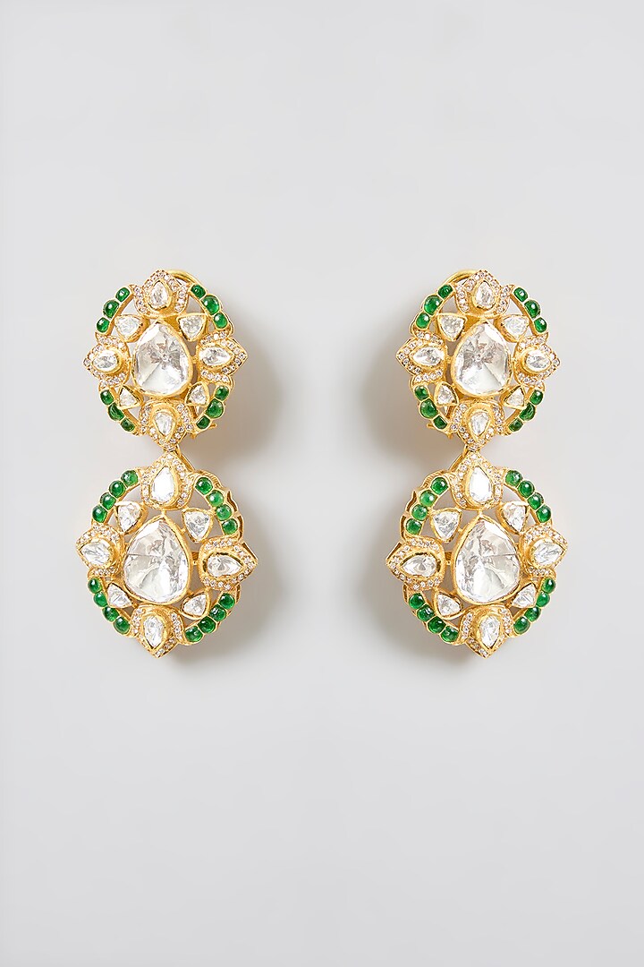 Gold Finish Kundan Polki & Emerald Green Stone Dangler Earrings In Sterling Silver by Kiara Luxe at Pernia's Pop Up Shop