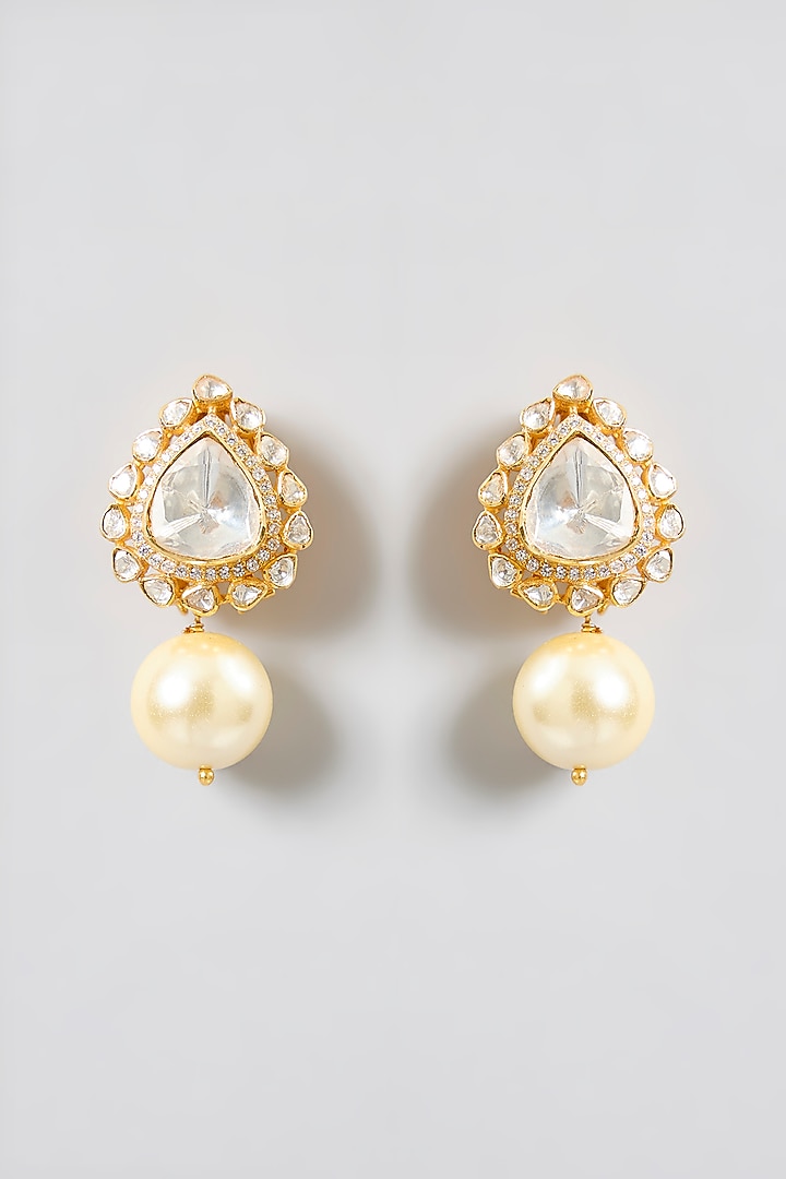 Gold Finish Moissanite Polki & Pearl Drop Stud Earrings In Sterling Silver by Kiara Luxe at Pernia's Pop Up Shop