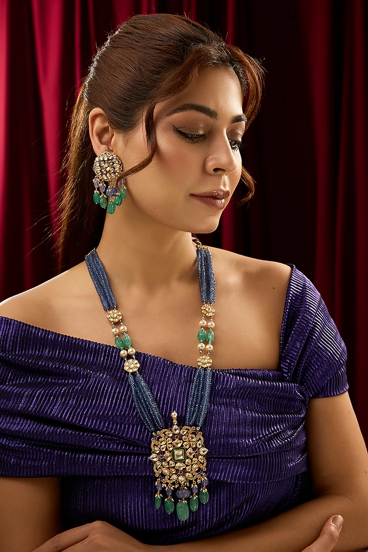 Gold Finish Kundan Polki & Blue Beaded Layered Necklace Set In Sterling Silver by Kiara at Pernia's Pop Up Shop