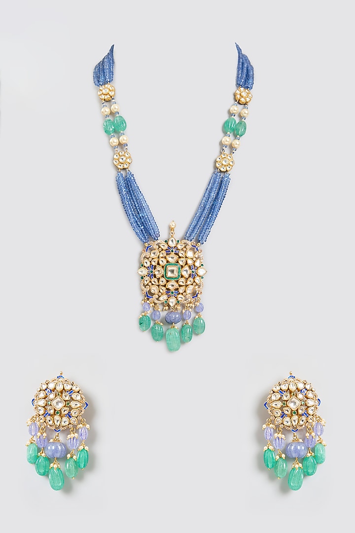 Gold Finish Kundan Polki & Blue Beaded Layered Necklace Set In Sterling Silver by Kiara Luxe at Pernia's Pop Up Shop