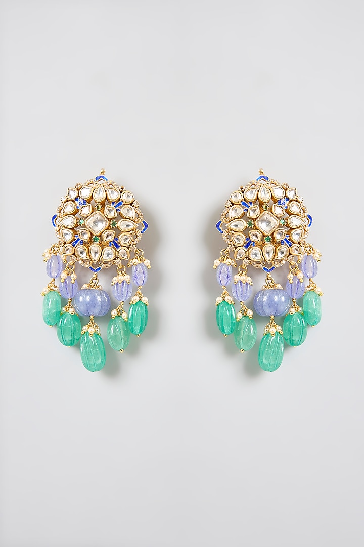 Gold Finish Kundan Polki & Blue Beaded Layered Necklace Set In Sterling Silver by Kiara Luxe at Pernia's Pop Up Shop