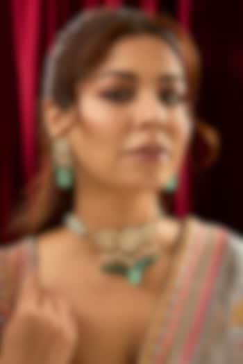 Gold Finish Floral Kundan Polki & Emerald Green Beaded Choker Necklace Set In Sterling Silver by Kiara at Pernia's Pop Up Shop