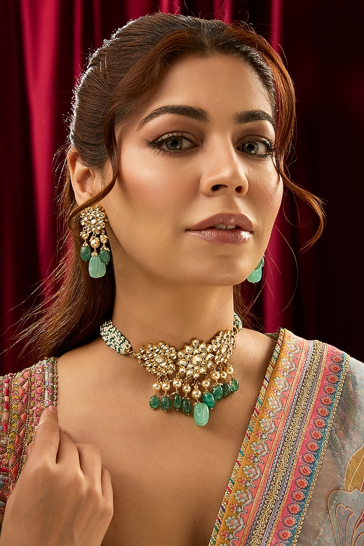 Gold Finish Floral Kundan Polki & Emerald Green Beaded Choker Necklace Set In Sterling Silver by Kiara at Pernia's Pop Up Shop