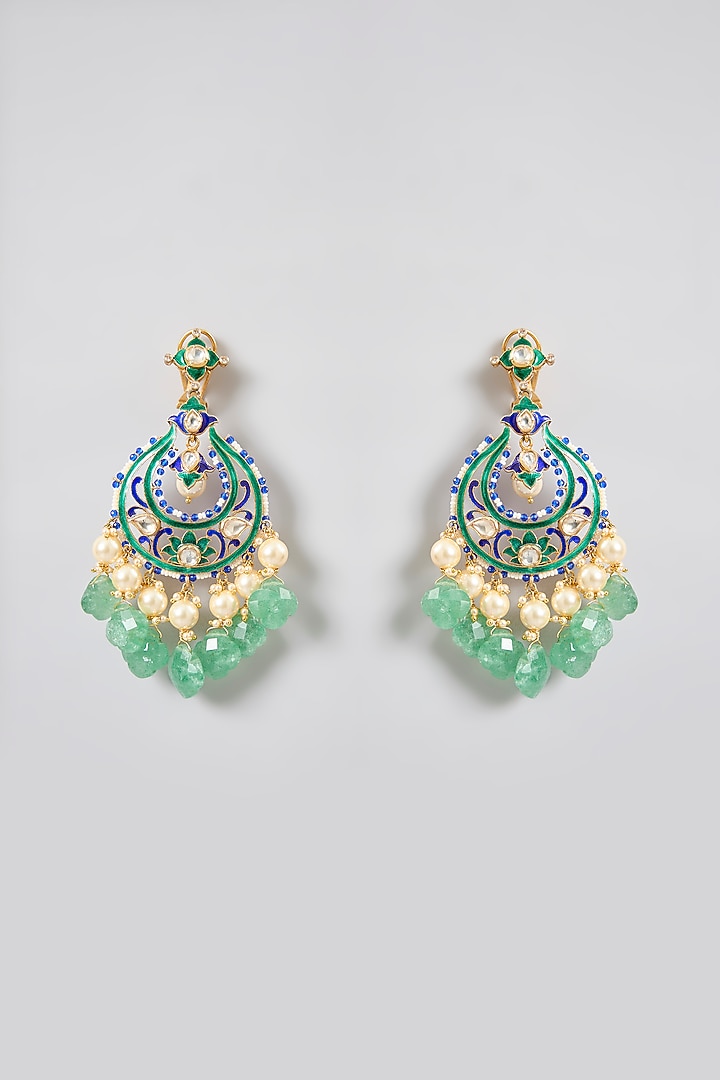 Gold Finish Kundan Polki & Emerald Green Beaded Chandbali Earrings In Sterling Silver by Kiara Luxe at Pernia's Pop Up Shop