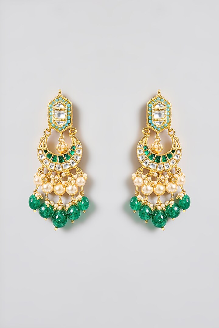 Gold Finish Kundan Polki & Emerald Green Beaded Chandbali Earrings In Sterling Silver by Kiara Luxe at Pernia's Pop Up Shop