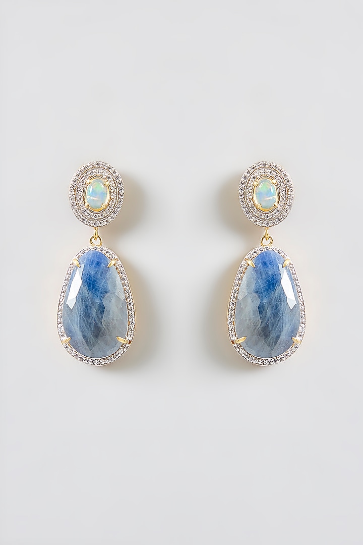 Gold Finish Moissanite Polki & Blue Stone Dangler Earrings In Sterling Silver by Kiara Luxe at Pernia's Pop Up Shop