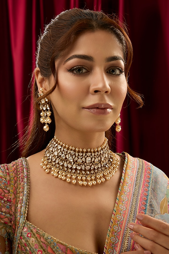 Gold Finish Moissanite Polki & Pearl Drop Choker Necklace Set In Sterling Silver by Kiara at Pernia's Pop Up Shop