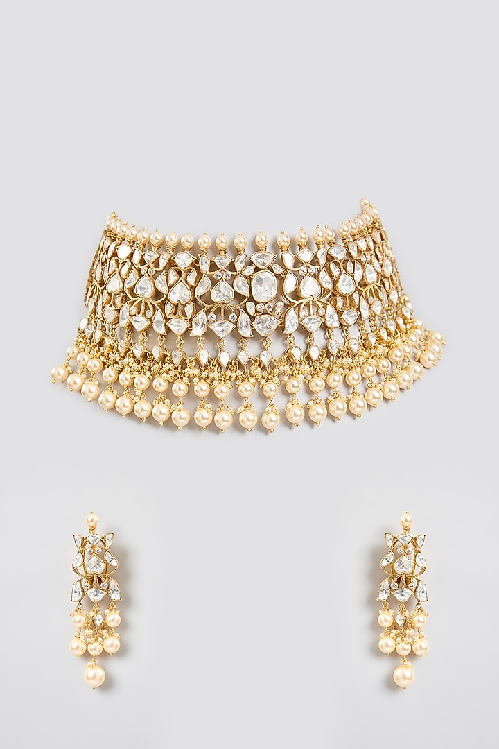 Gold Finish Moissanite Polki & Pearl Drop Choker Necklace Set In Sterling Silver by Kiara Luxe at Pernia's Pop Up Shop