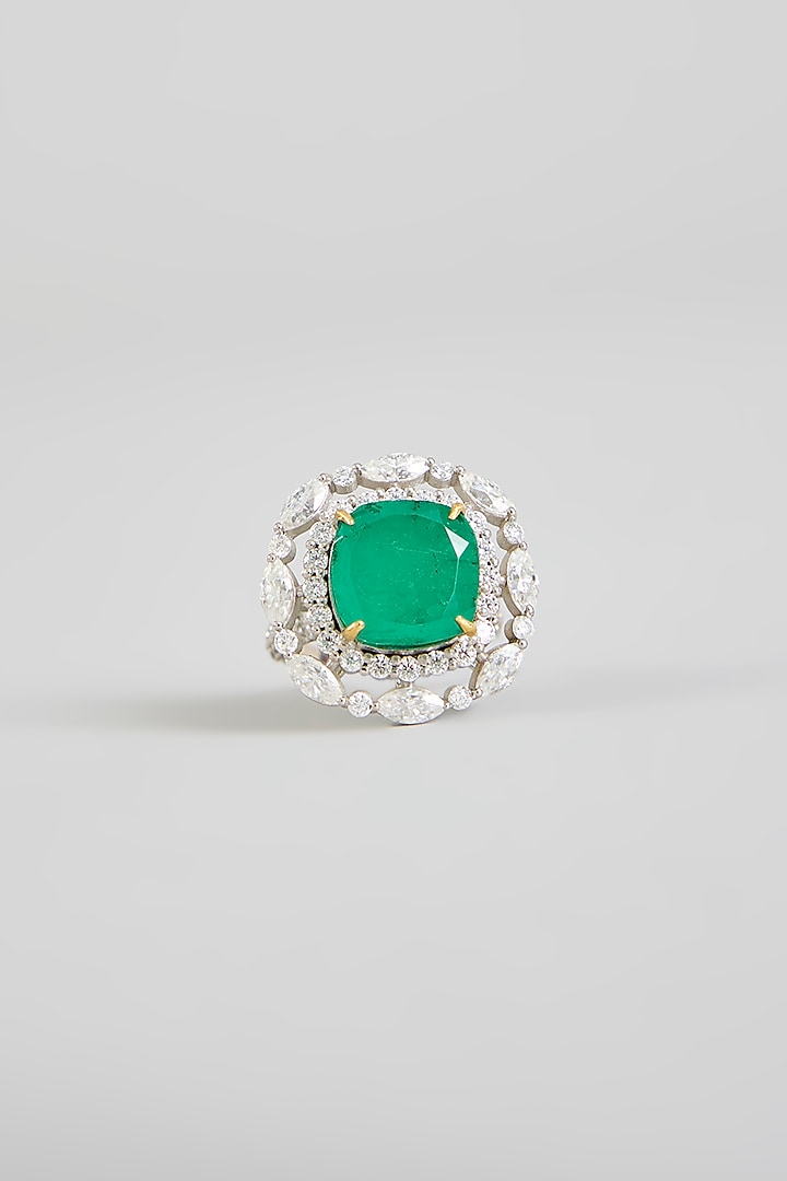 Silver Finish Cubic Zirconia & Emerald Stone Ring In Sterling Silver by Kiara Luxe at Pernia's Pop Up Shop