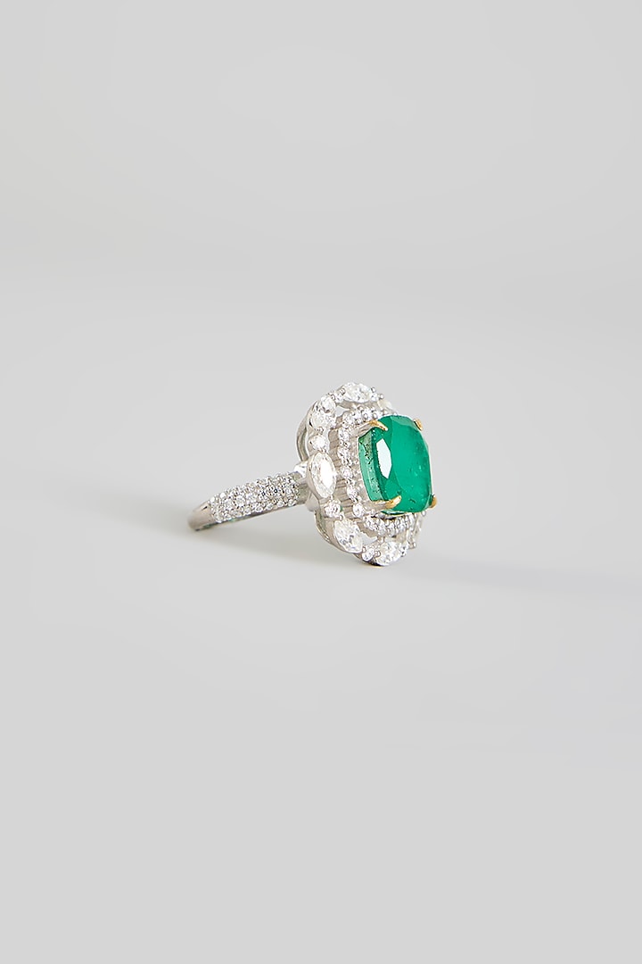 Silver Finish Cubic Zirconia & Emerald Stone Ring In Sterling Silver by Kiara Luxe at Pernia's Pop Up Shop