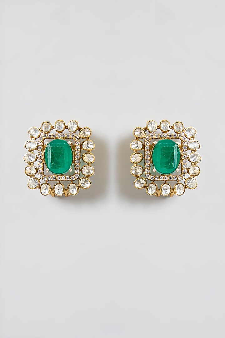 Gold Finish Kundan Polki & Emerald Doublet Stone Stud Earrings In Sterling Silver by Kiara Luxe at Pernia's Pop Up Shop