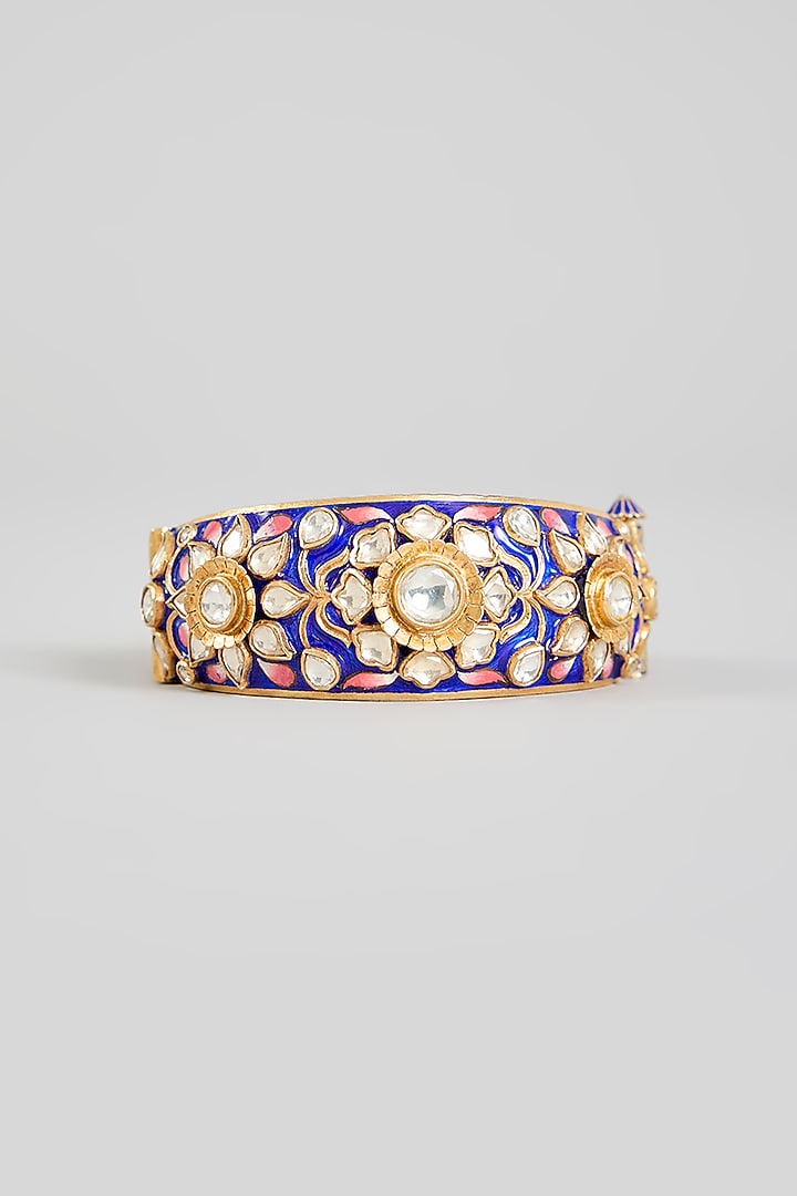 Gold Finish Kundan Polki Blue Meenakari Bangle In Sterling Silver by Kiara Luxe at Pernia's Pop Up Shop