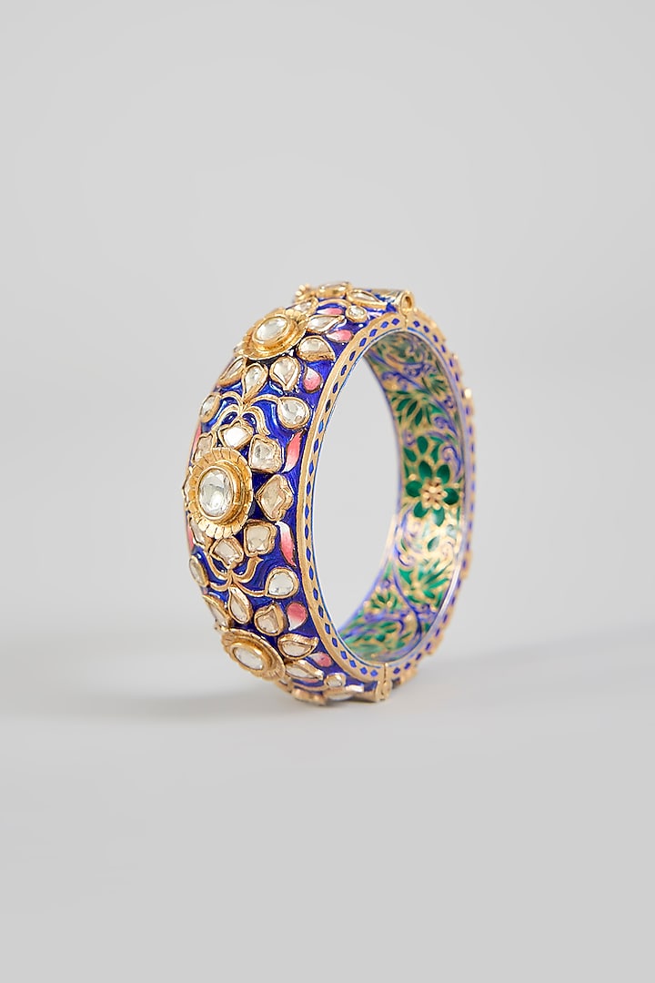 Gold Finish Kundan Polki Blue Meenakari Bangle In Sterling Silver by Kiara Luxe at Pernia's Pop Up Shop