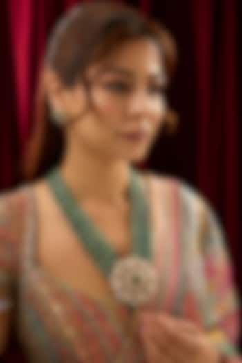 Gold Finish Floral Moissanite Polki & Emerald Green Beaded Layered Necklace In Sterling Silver by Kiara at Pernia's Pop Up Shop