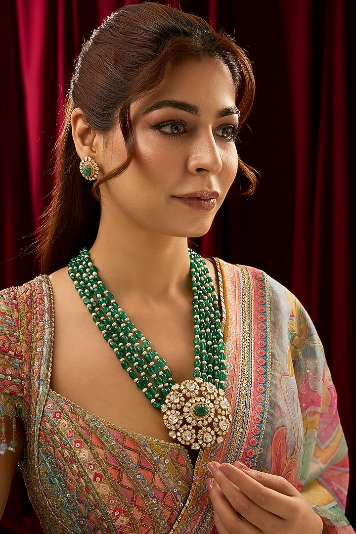 Gold Finish Floral Moissanite Polki & Emerald Green Beaded Layered Necklace In Sterling Silver by Kiara at Pernia's Pop Up Shop