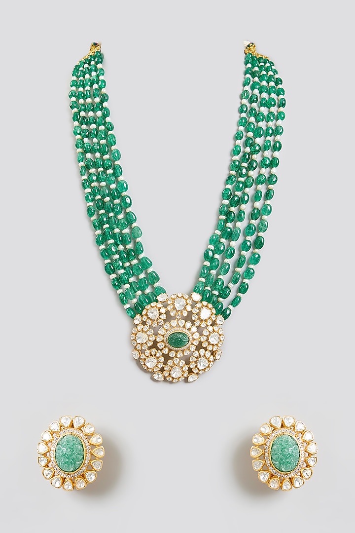 Gold Finish Floral Moissanite Polki & Emerald Green Beaded Layered Necklace In Sterling Silver by Kiara Luxe at Pernia's Pop Up Shop