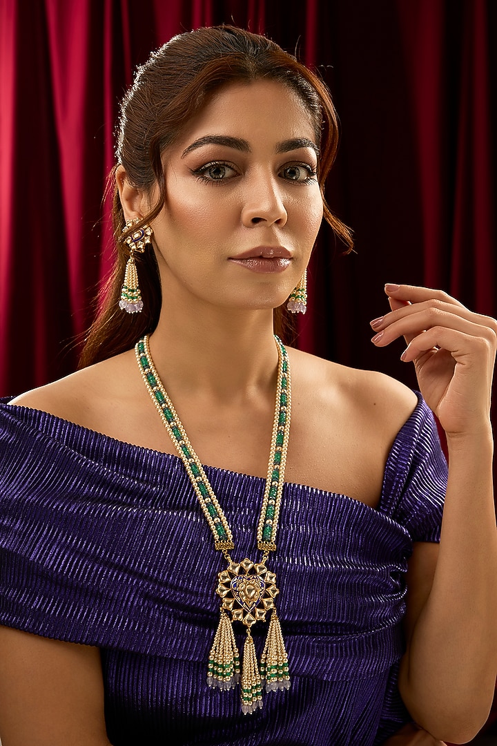 Gold Finish Kundan Polki & Emerald Green Beaded Meenakari Long Pendant Necklace Set In Sterling Silver by Kiara at Pernia's Pop Up Shop