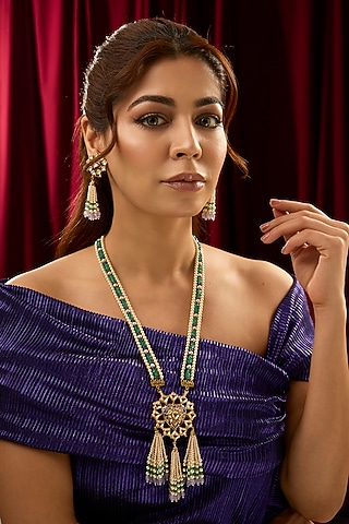 Gold Finish Kundan Polki & Emerald Green Beaded Meenakari Long Pendant Necklace Set In Sterling Silver by Kiara Luxe