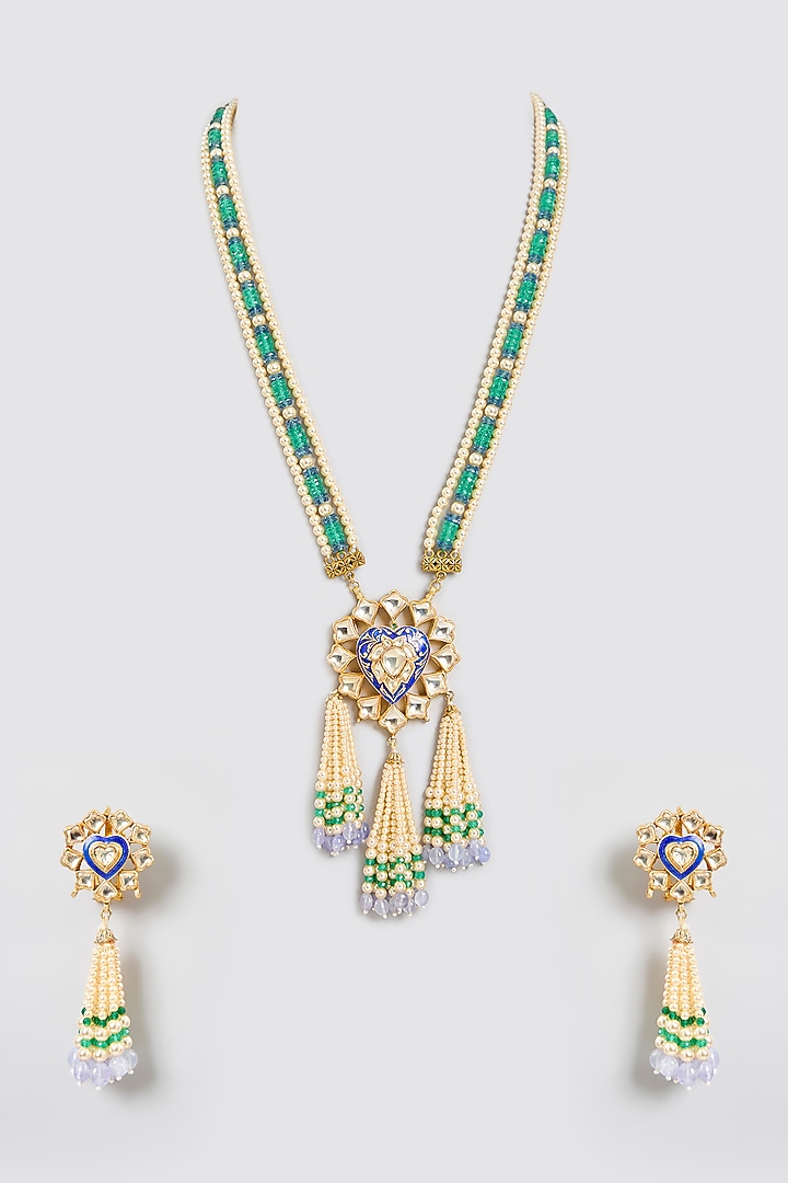 Gold Finish Kundan Polki & Emerald Green Beaded Meenakari Long Pendant Necklace Set In Sterling Silver by Kiara Luxe at Pernia's Pop Up Shop