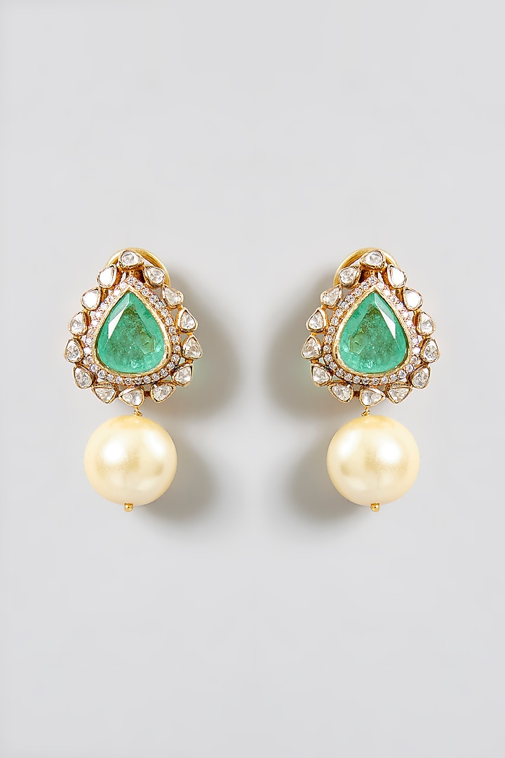 Gold Finish Moissanite Polki & Emerald Stone Stud Earrings In Sterling Silver by Kiara Luxe at Pernia's Pop Up Shop