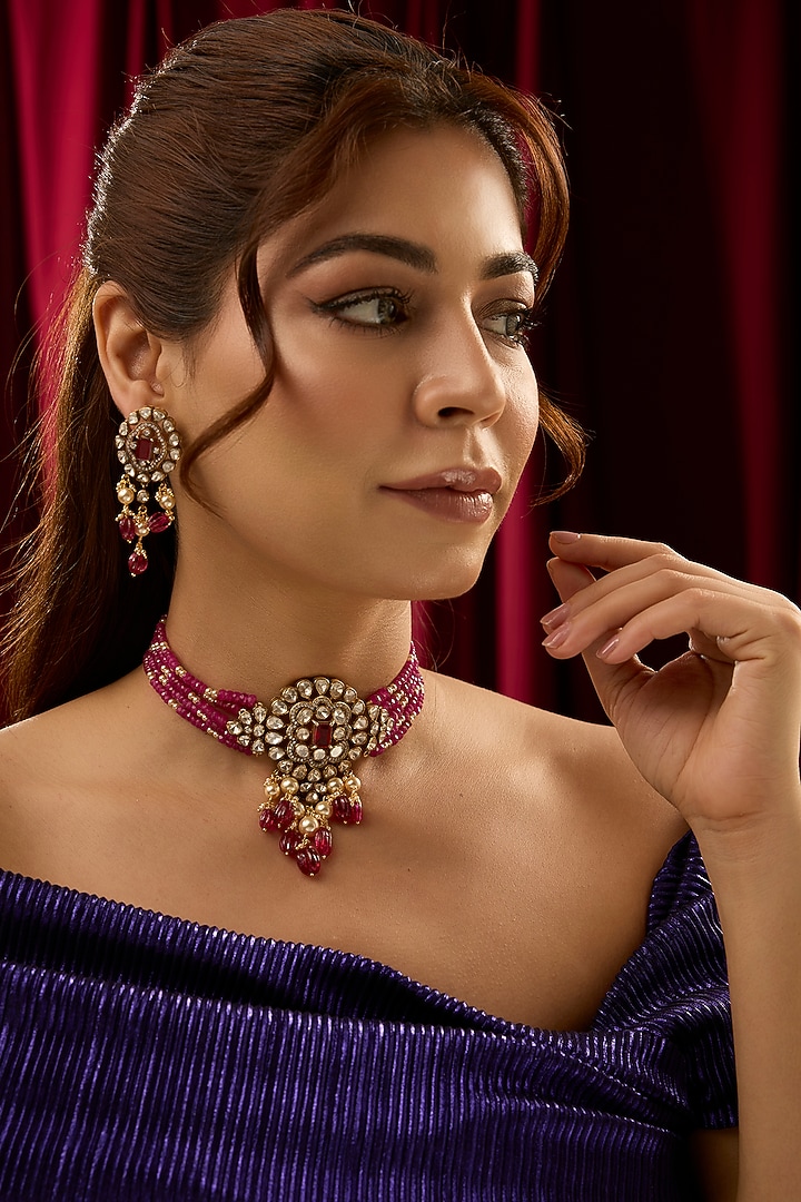 Gold Finish Moissanite Polki & Ruby Beaded Choker Necklace Set In Sterling Silver by Kiara at Pernia's Pop Up Shop