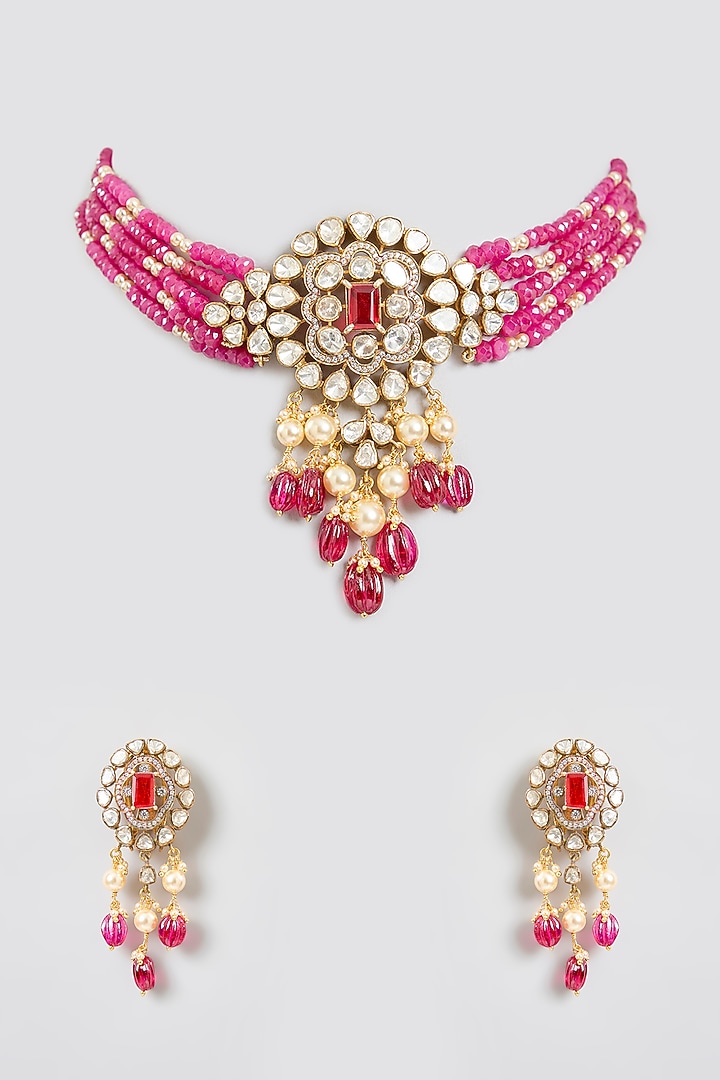 Gold Finish Moissanite Polki & Ruby Beaded Choker Necklace Set In Sterling Silver by Kiara Luxe at Pernia's Pop Up Shop