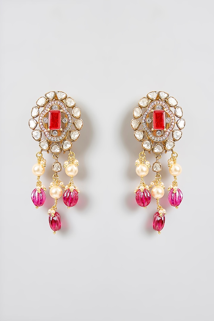 Gold Finish Moissanite Polki & Ruby Beaded Choker Necklace Set In Sterling Silver by Kiara Luxe at Pernia's Pop Up Shop