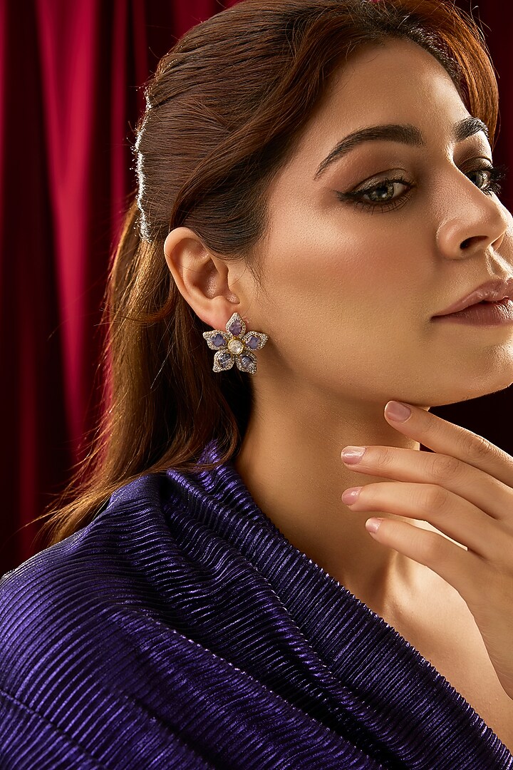 Gold Finish Purple Moissanite Polki Floral Stud Earrings In Sterling Silver by Kiara at Pernia's Pop Up Shop