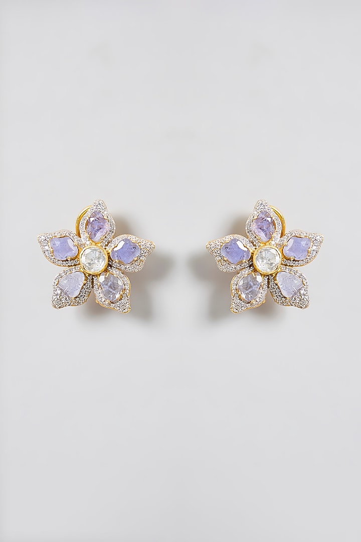 Gold Finish Purple Moissanite Polki Floral Stud Earrings In Sterling Silver by Kiara Luxe at Pernia's Pop Up Shop