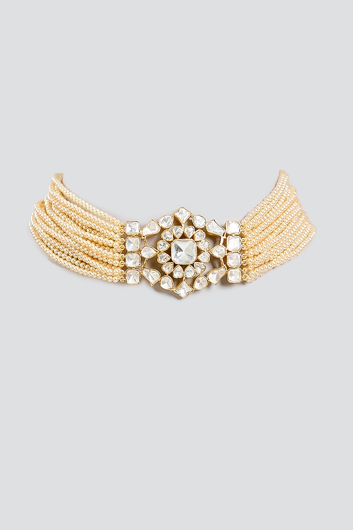 Gold Finish Pearl & Crystal Choker Necklace In Sterling Silver by Kiara Luxe at Pernia's Pop Up Shop