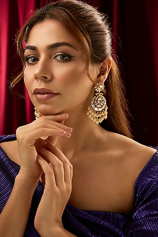 Gold Finish Moissanite Polki & Pearl Droplet Chandbali Earrings In Sterling Silver by Kiara Luxe