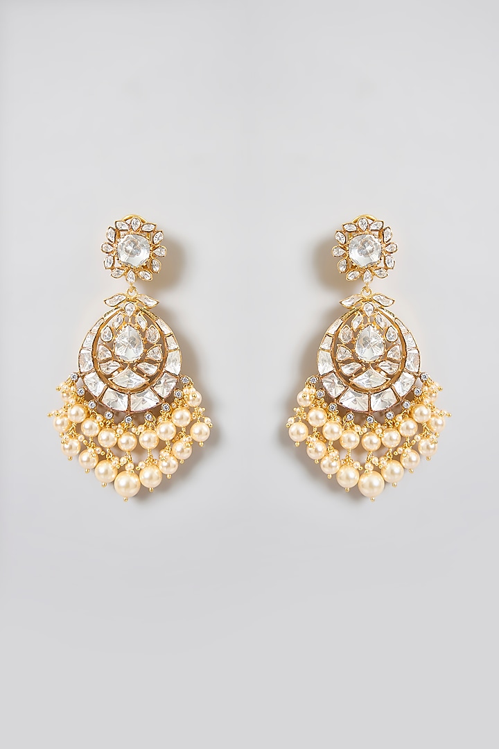 Gold Finish Moissanite Polki & Pearl Droplet Chandbali Earrings In Sterling Silver by Kiara Luxe at Pernia's Pop Up Shop