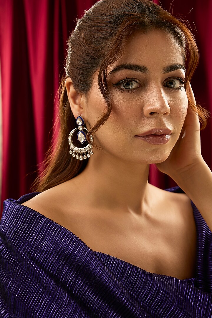 Silver Finish Moissanite Polki Blue Meenakari Dangler Earrings In Sterling Silver by Kiara at Pernia's Pop Up Shop