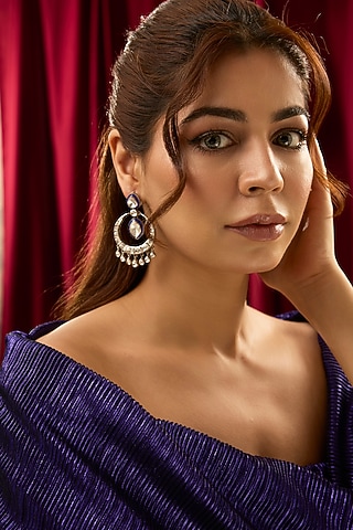 Silver Finish Moissanite Polki Blue Meenakari Dangler Earrings In Sterling Silver by Kiara Luxe