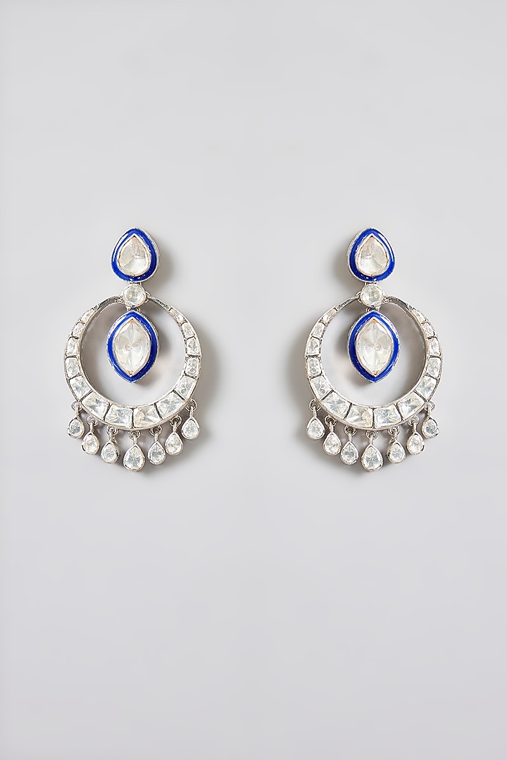 Silver Finish Moissanite Polki Blue Meenakari Dangler Earrings In Sterling Silver by Kiara Luxe at Pernia's Pop Up Shop