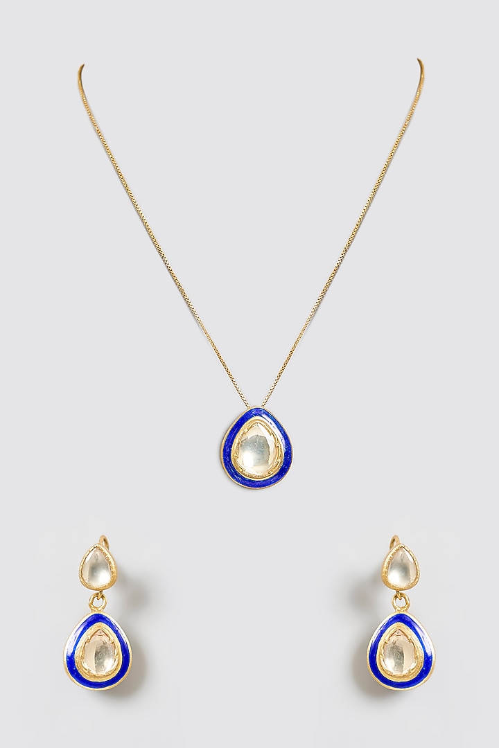 Gold Finish Kundan Polki Meenakari Pendant Necklace Set In Sterling Silver by Kiara Luxe at Pernia's Pop Up Shop