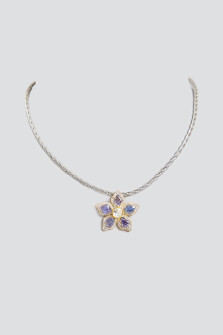 Silver Finish Lilac Stone & Pearl Floral Pendant Necklace In Sterling Silver by Kiara Luxe at Pernia's Pop Up Shop