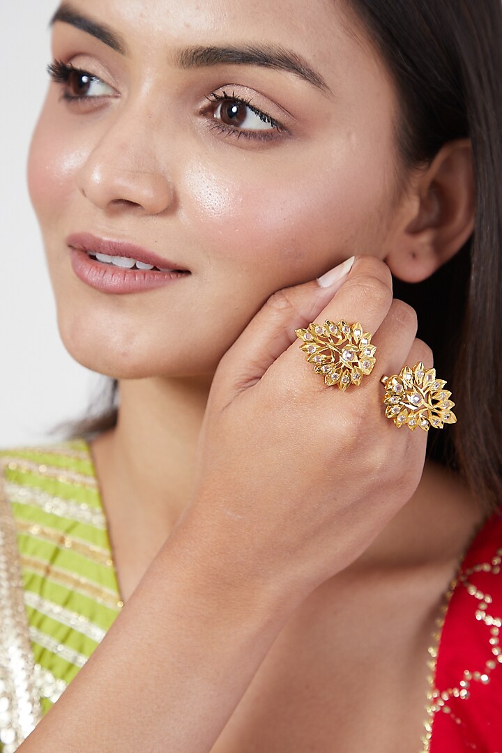 Gold Plated Adjustable Ring With Kundan by Kiara