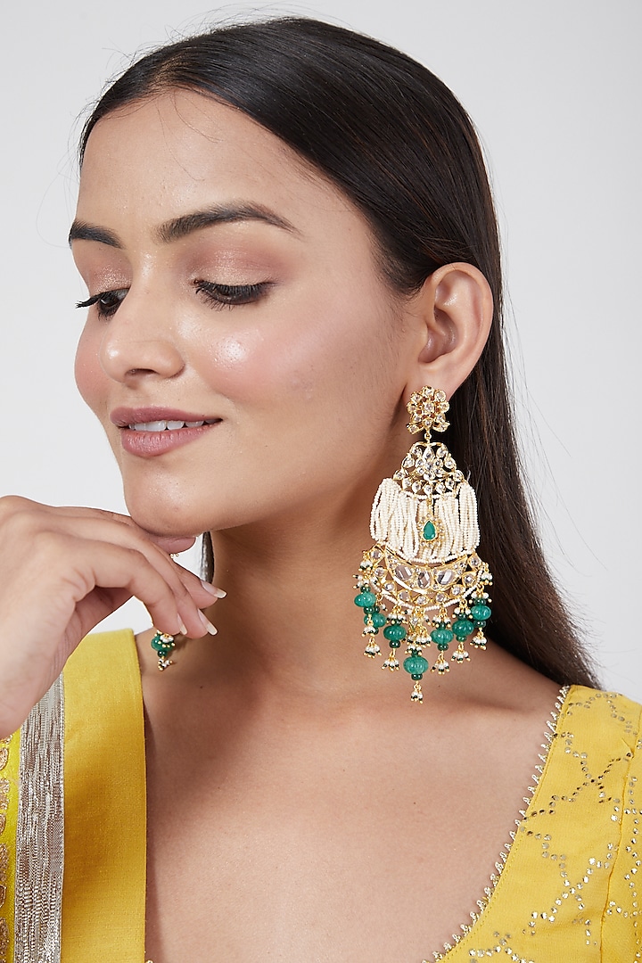 Gold Plated Green Onyx Chandbali Earrings by Kiara