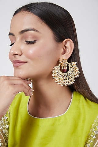 Gold Plated Kundan & Pearl Chandbali Earrings by Kiara